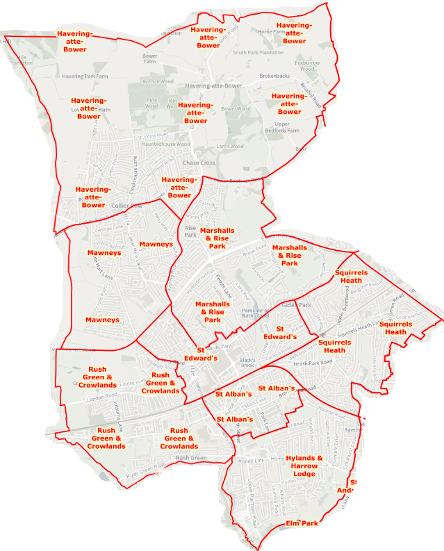 A map of Romford's new wards